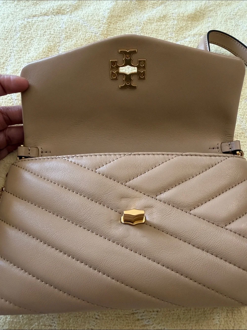 Tory Burch Quilted Crossbody in Light Tan with Gold Hardware